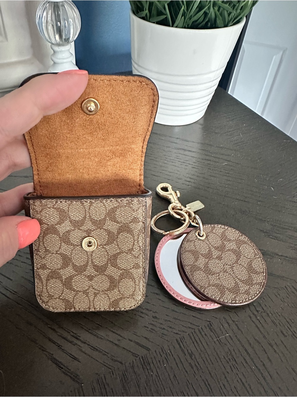 Coach Accessory Bundle - Brown Signature AirPod case & Pink leather mirror! - Picture 3 of 4